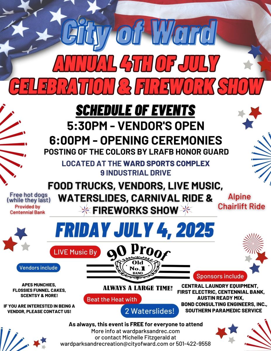 4th of July flyer, live music with 90 Proof, vendors, free hot dogs, waterslides & fireworks