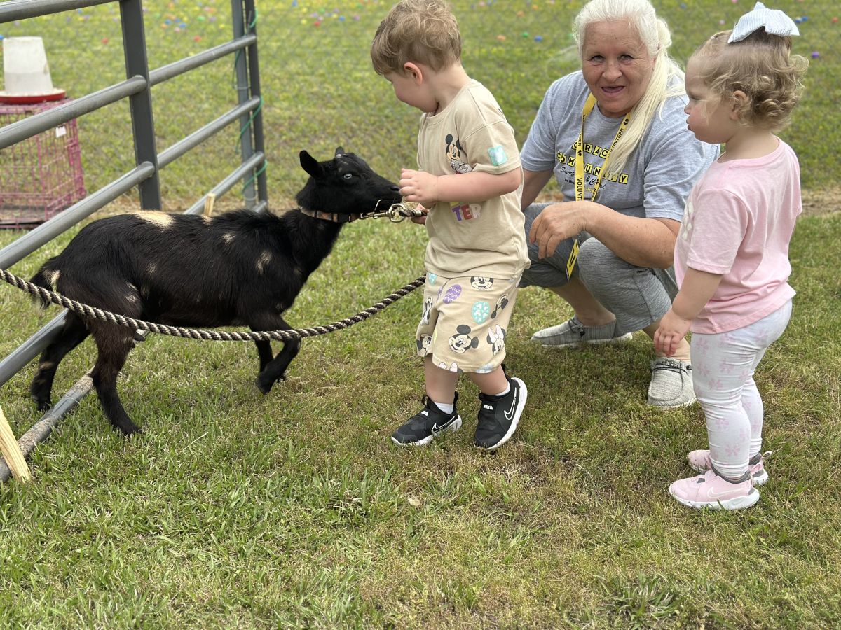 kids petting baby goat