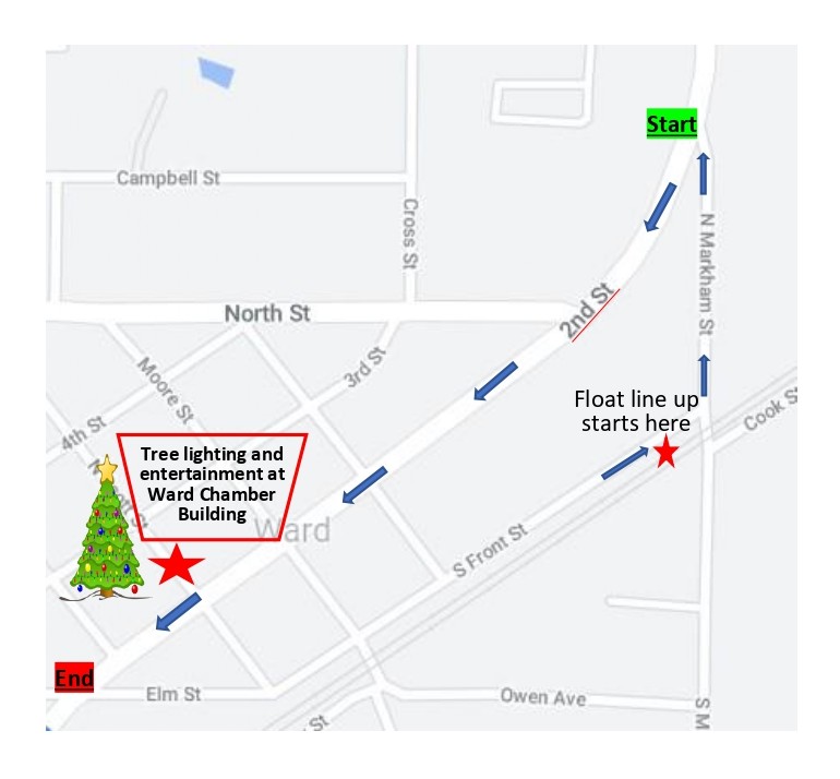 City map showing parade route on 2nd St from Markham St to Elm St