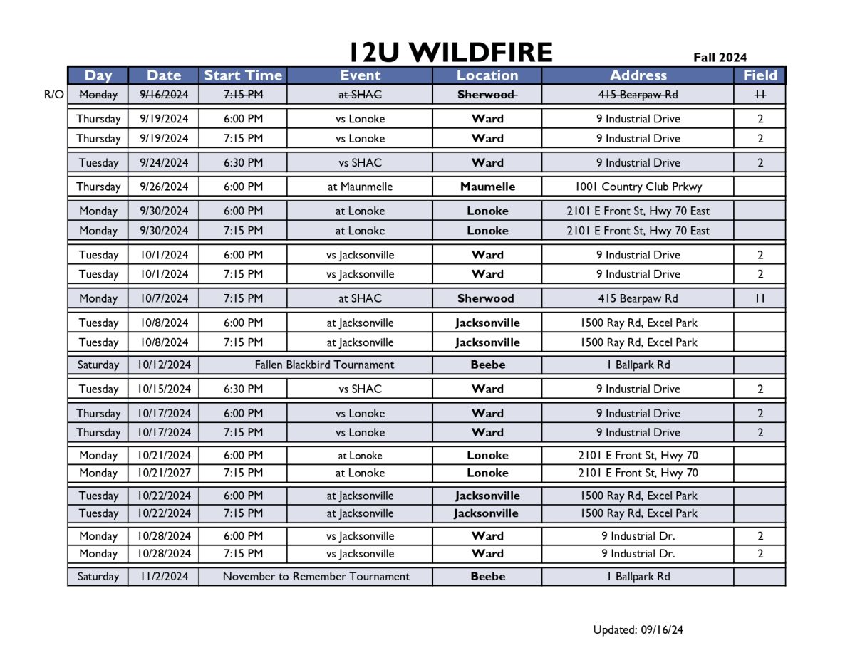 Wildfire game schedule